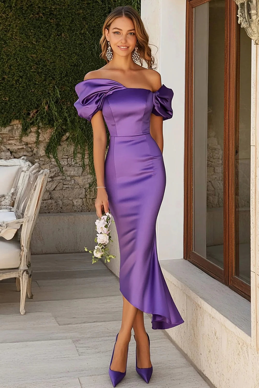 Plum Mermaid Satin Long Asymmetrical Wedding Full Of Charm Evening Dresses